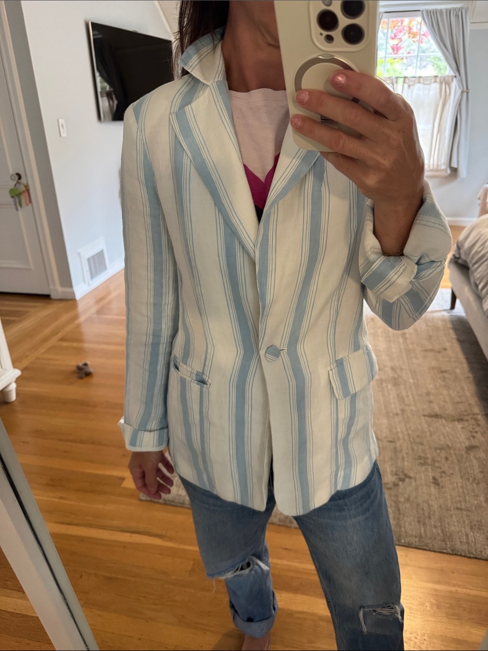 Frame Linen White and Light Blue Striped Blazer